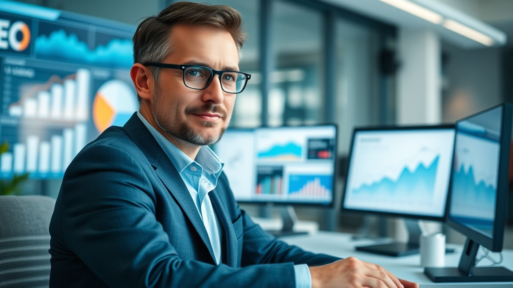 business owner reviewing SEO ranking analytics dashboard for website credibility factors in a bright, modern office environment