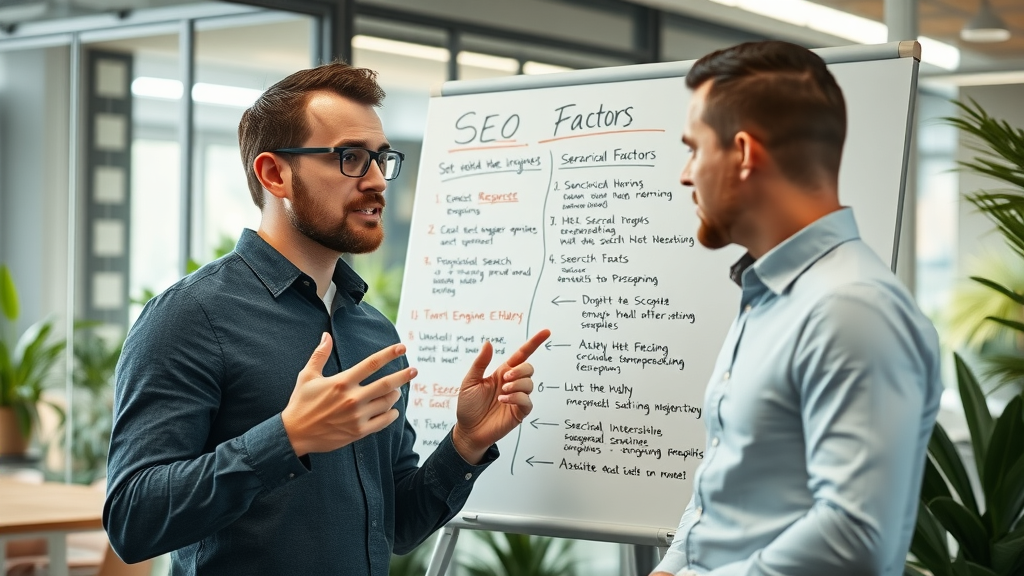 SEO expert pointing out key search engine ranking factors on a whiteboard in a modern office